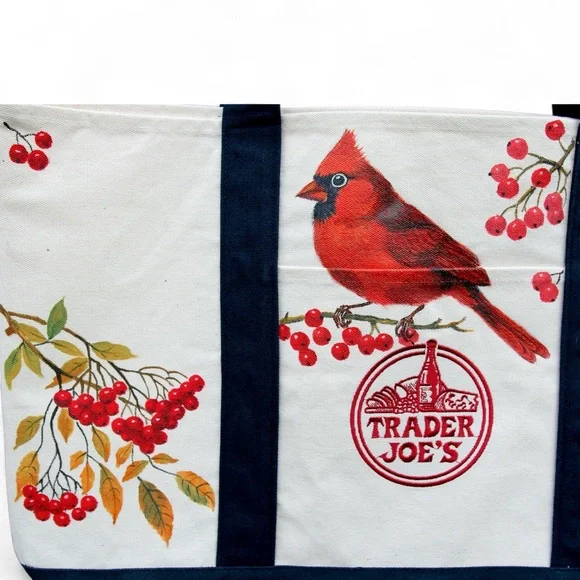 New Hand Painted Trader Joe’s Large Canvas Tote Bag with Red Cardinal and Berry - Picture 3 of 4